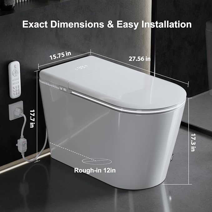 Luxury Smart Toilet with Heated Seat & Instant Warm Water | Remote Control Bidet,Hidden Foam Shield,Air Purification,One Piece Tankless Toilet with ADA Comfort Height,LED Display