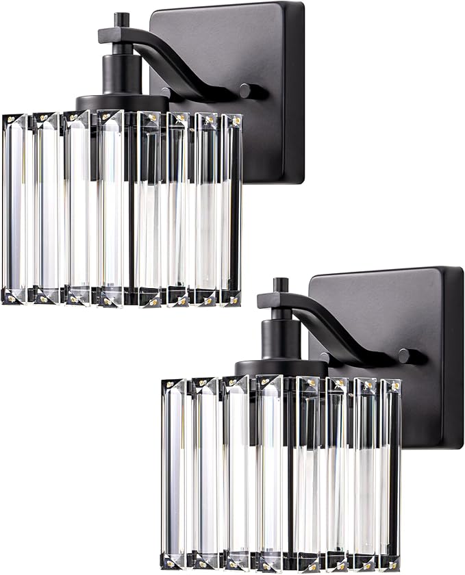 EDISHINE Hardwired Black Crystal Wall Sconces Set of 2, Modern Vanity Light | Reversible Up/Down Mounting, 1-Light, Rust-Resistant Metal, Indoor Lighting Fixtures Over Mirror, for Bathroom