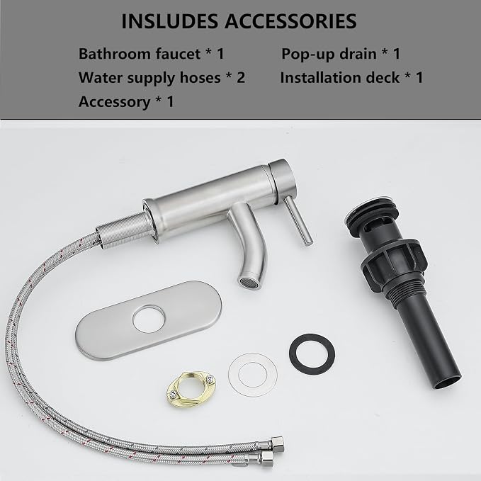 Brushed Nickel Bathroom Faucets Single Hole Bathroom Sink Faucet | Modern Single Handle Bathroom Faucte 1 or 3 Hole, RV Sink Vanity Faucet (with Drain, Brushed Nickel)
