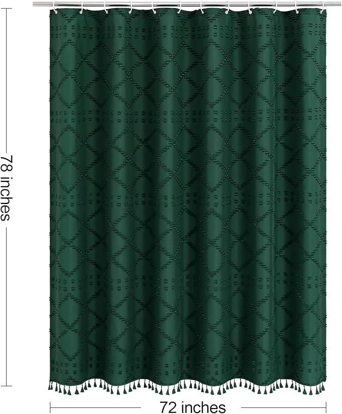 Dark Green Boho Fabric Shower Curtain with Tassel 72x78, Tufted Textured | Modern Farmhouse Curtain for Bathroom, Long Bathroom Curtain, Minimalist Decor, Waterproof