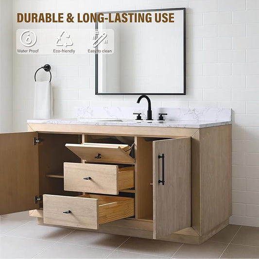 HOMEBEYOND 60" Bathroom Vanity with Single Sink & Ceramic Top, MDF Material Vanity Cabinet with Basin Combo, Soft-Closing Doors, Removable Shelf, Backsplash
