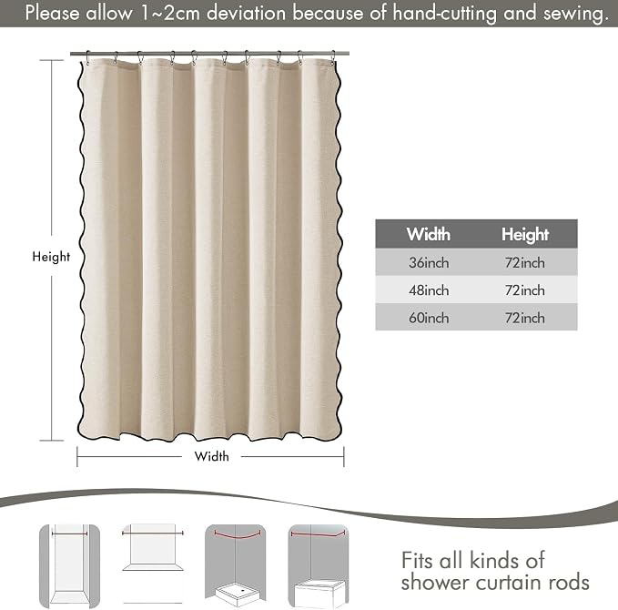 MIULEE Cream Scalloped Linen Shower Curtain 60x72 Inches | Linen Textured, Waterproof, Washable, 10 Metal Hooks, Heavy Duty Cloth, Black Border, Shower Curtain for Bathroom Bathtub