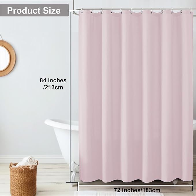 Zora 84 Inch Shower Curtain Set with 12 Plastic Hooks, Plain Fabric Shower Curtain for Bathroom - Extra Long Shower Curtain, Water Resistance, Machine Washable Soft Cloth, 72WX84L, Blush Pink
