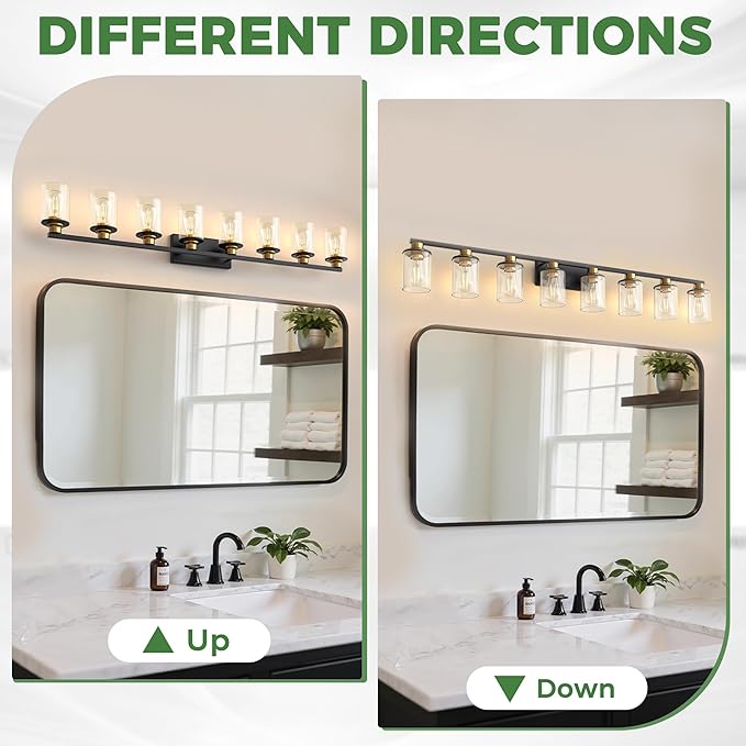 55 Inch 8-Light Black and Gold Bathroom Vanity Light Fixture | Modern Vanity Mirror Light Fixture, Bathroom Light Fixture with Glass Shade, Wall Sconce for Hallway Bedroom Living Room