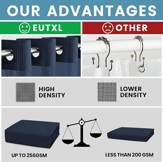 EUTXL Heavyweight No Hook Shower Curtain with Liner, Navy Blue, 54x80 | Snap in Liner, Thick Waffle Fabric, Hotel Quality, Corner Magnets, Waterproof & Washable