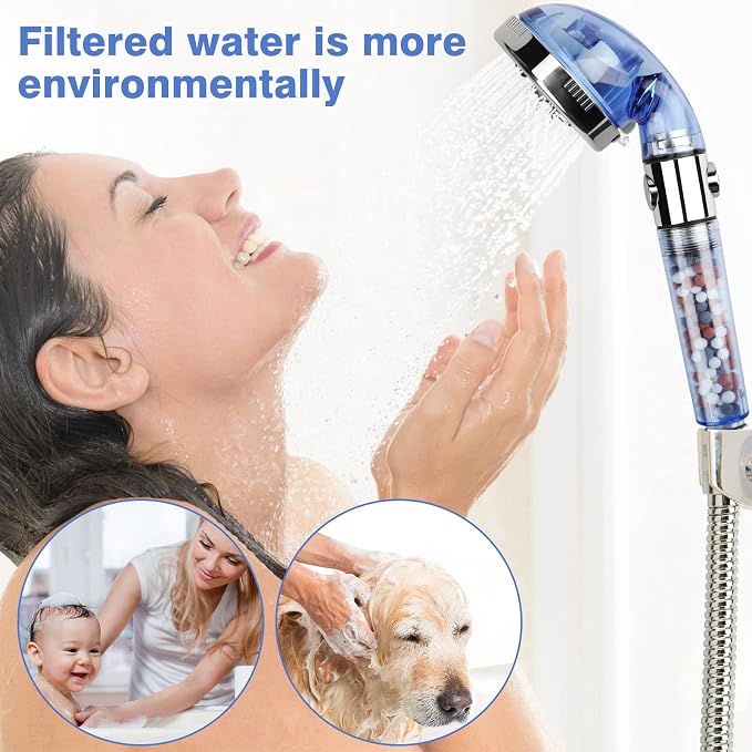 High Pressure Shower Head with Hose, REHAVE Water Saving RV Handheld Shower Head, Shower Sprayer, 3 Mode, Handheld Spray Showerheads for Dry Skin Hair Loss, Purifying Filtration Mineral Stone Beads