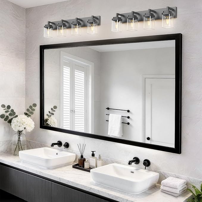 Matte Black Bathroom Light Fixtures, Modern Vanity Lights with Clear Glass Lamp Shade, Bathroom Lighting Fixtures Over Mirror, Restroom Vanity Lighting Fixture, 4-Light 30 Inch