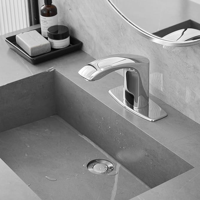 Touchless Bathroom Sink Faucet Hands-Free, Commercial Auto Motion Sensor Faucet, AC/DC Powered, Temperature Adjustment Valve, Polishe Chrome