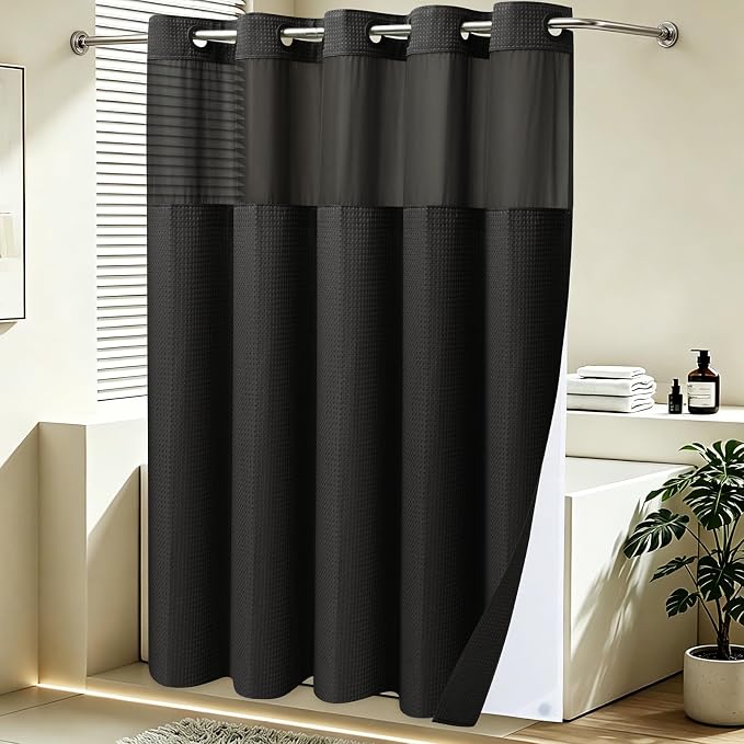 SORTTO No Hook Shower Curtain with Snap in Liner Set Waffle Shower Curtain for Bathroom Hotel Style Fabric Waterproof Inner Liner,48" W x 74" H, Black