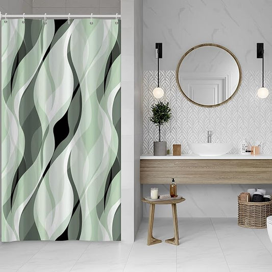 Green Shower Curtain, Modern Abstract Ombre Green Striped Shower Curtain Set for Bathroom Waterproof Polyester Shower Curtain with Hooks, 48x72 Inch
