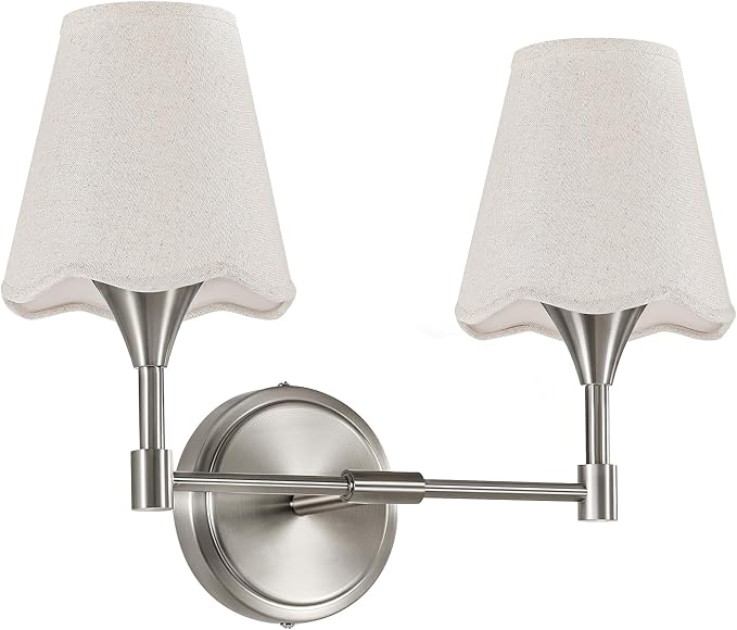 Brushed Nickel Bathroom Light Fixtures: Modern Bathroom Vanity Lights over Mirror with Flared Fabric Shade, Vanity Lighting Fixtures, 2 Light Wall Sconces Lighting for Bedroom Hallway Living Room