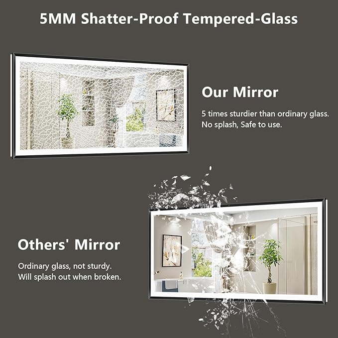 96x36 Black Framed LED Bathroom Mirror with Lights, Backlit and Front Light, Lighted Bathroom Vanity Mirror for Wall Dimmable Anti-Fog Memory Tempered Glass Horizontal/Vertical