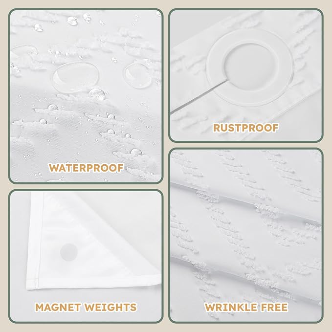 FADOTY White No Hook Shower Curtain Set with Snap in Liner, 71'' x 74'' | Bathroom Hotel Fabric Curtain, Waterproof Washable Liner, See Through Top Window, Ringless Chevron Tufted Cloth Curtain