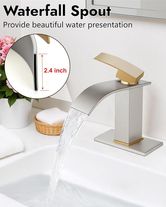 Midanya Bathroom Faucet with Waterfall Spout, Single Hole or 3-Hole Deck Mount, 304 Stainless Steel Sink Faucet with Pop-Up Drain, RV Vanity Compatible,Brushed Gold Handle/Brushed Nickel