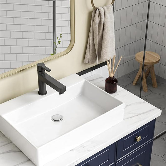 GAOMON Vessel Sink Rectangular, 24"x18" Bathroom Sink White Ceramic Lavatory Vanity Above Counter Vessel Sink Art Basin - white
