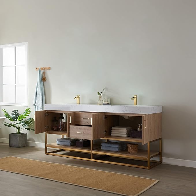 Vinnova Alistair 72" Double Sink Bathroom Vanity in North American Oak, Pre-assembled, with White Grain Stone Countertop Without Mirror