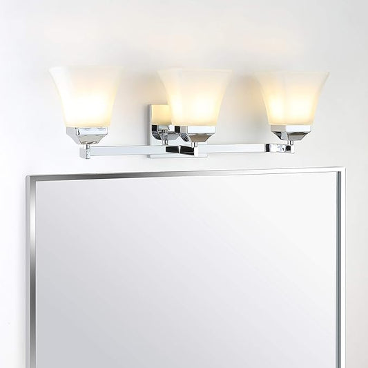 JONATHAN Y 24" Chrome Modern Cottage LED Vanity Light Wall Sconce, Farmhouse Wall Lamp for Bathroom Mirror Kitchen, White Glass Shade, LED Bulb Included (JYL7524B)