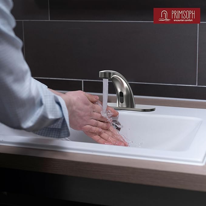 PRIMSOPH Automatic Motion Sensor Hands Free Electronic Infrared Smart Commercial Touchless Bathroom Sink Faucet with Cover Plate Temperature Mixer Battery or Plug-in Powered Brushed Nickel