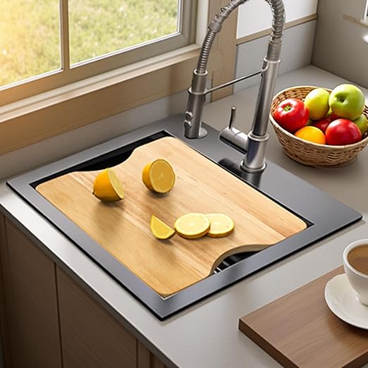 YITAHOME 15in Small Black Drop In RV Sink Workstation, Top Mount Stainless Steel Nano Gunmetal Black Small Kitchen Sink with Grid, Cutting Board, Rolling Rack for Workstation, Bar, 15 x 15 x 9 in