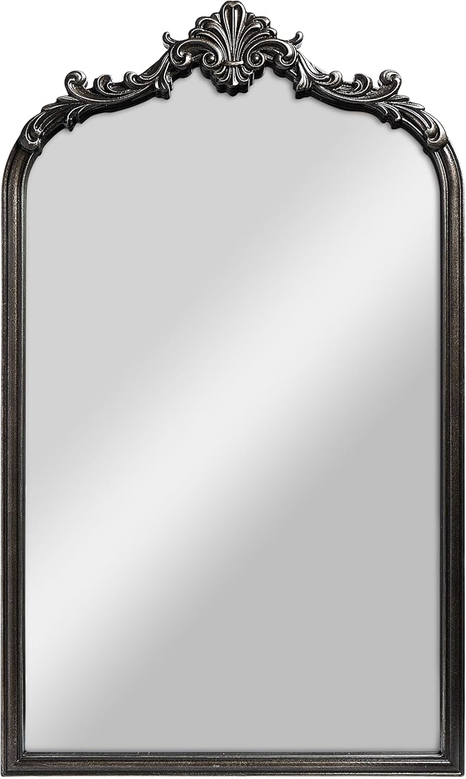 English Estate Carved Arch Wood Wall Mirror, Mirror for Entryway, Living Room, Bathroom, Distressed Black, 20.4x33