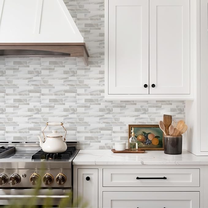 STICKGOO Thicker Design Peel and Stick Tile Backsplash, 12”×12” Stick on Backsplash for Kitchen, Self Adhesive Tile Stickers for Kitchen Backsplash and Bathroom(10 Sheets, Glossy Beige Gray White)