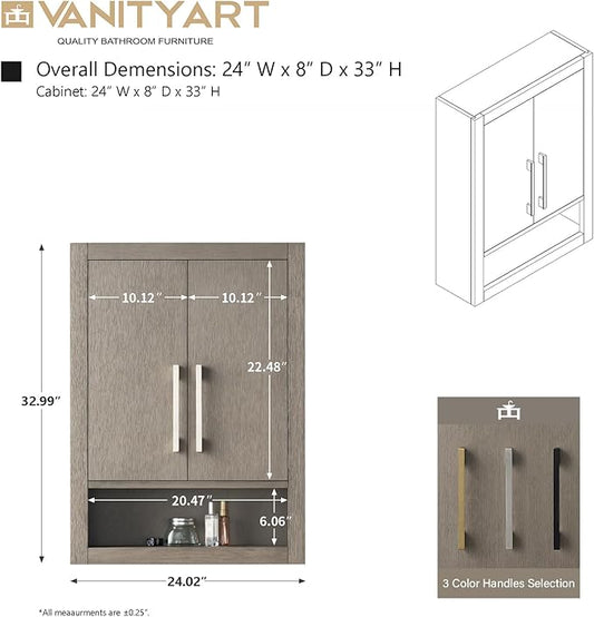 Vanity Art 24" Bathroom Vanity with Storage Cabinet & Shelves, Storage Cabinet with Soft-Closing Doors,VA90-TC-DG-BN1