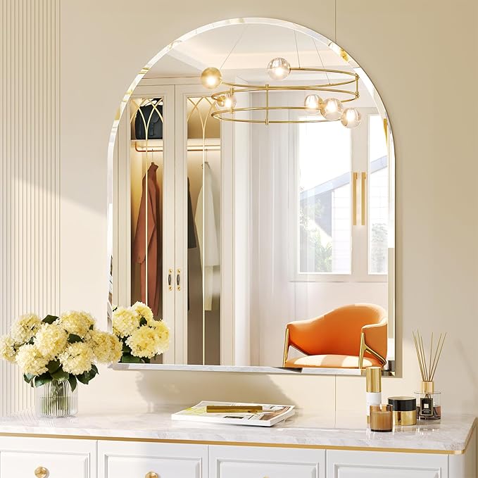 Frameless Bathroom Mirror, 30" x 36" Arched Vanity Mirror for wall Beveled, Arch Wall Mounted Mirror for Over Sink, Bedroom, Mantel