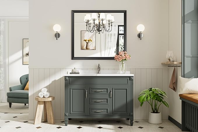 Black Metal Framed Bathroom Wall Mirror, 40x36 Inch | Anti-rust, HD tempered glass, for bathroom vanity, bedroom, living room, horizontal or vertical mount