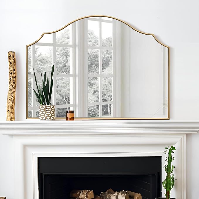 Besdomus Gold Scalloped Wall Mirror: 40"x29" Large Wooden Bathroom Mirror | Modern Minimalist Decorative Arched Mirror for Vanity/Dresser/Bedroom/Entryway/Fireplace/Living Room/Dining Room/Over Sink