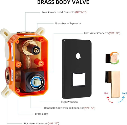 Shower Faucet Set, Matte Black and Rose Gold Rainfall Shower System Complete Wall Mounted for Bathroom with 12 Inch Square Shower Head and Handheld Shower Head Rain Mixer Combo Set