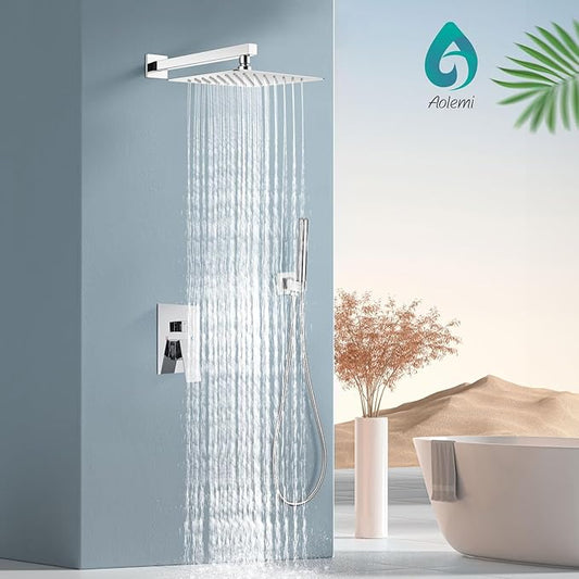 Aolemi Shower Faucet Set, High Pressure Shower System with 2-in-1 Handheld Sprayer, Wall Mount Fixture Combo with Rough-in Valve, 10 Inch Shower Head, Polish Chrome