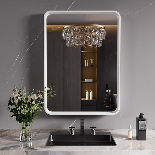 White Bathroom Mirror 24x32 Inch, White Metal Framed Bathroom Mirror for Wall, Rounded Rectangle Matte Bathroom Vanity Mirror, Tempered Glass, Anti-Rust, Horizontal/Vertical