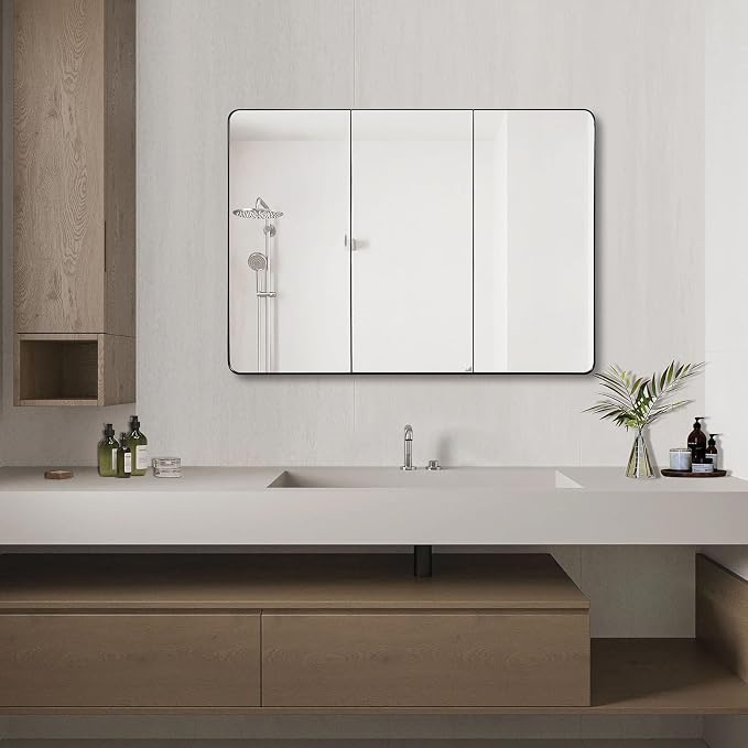 Bathroom Mirror Medicine Cabinet with Round Corner Framed Door 48 x 30 inch, Black,Recessed or Surface Mount, with Adjustable Glass Shelves