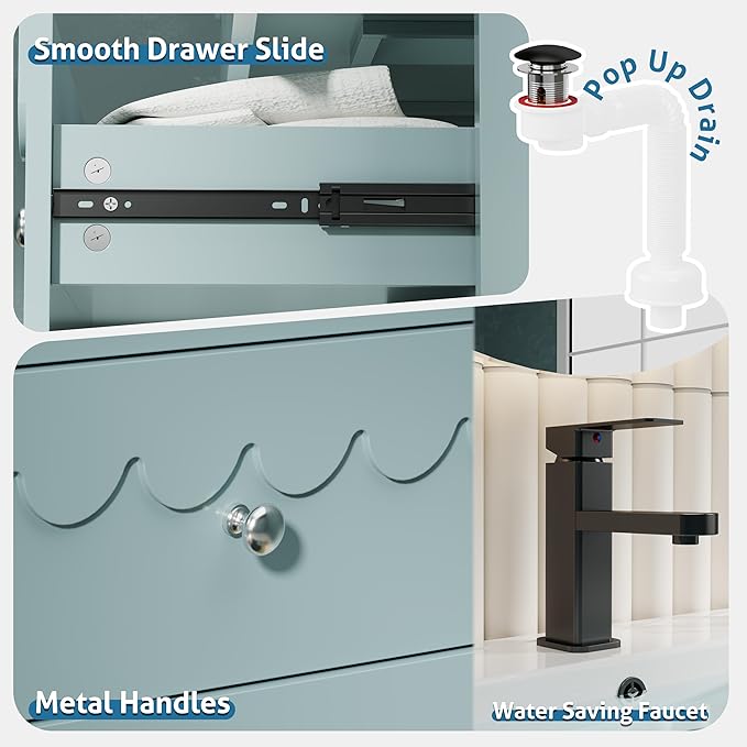 eclife 24" Floating Bathroom Vanity with Sink Combo, Modern Painted Wall-Mounted Vanities Storage Cabinet with Scalloped Decor, Undermount Basin, Faucet, Drain, Blue