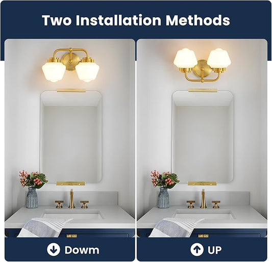 Bathroom Vanity Light Fixtures: 2-Lights Gold Bathroom Lighting Fixtures Over Mirror, Mid-Century Modern Wall Sconces with Frosted Milky Glass for Kitchen Bedroom Hallway
