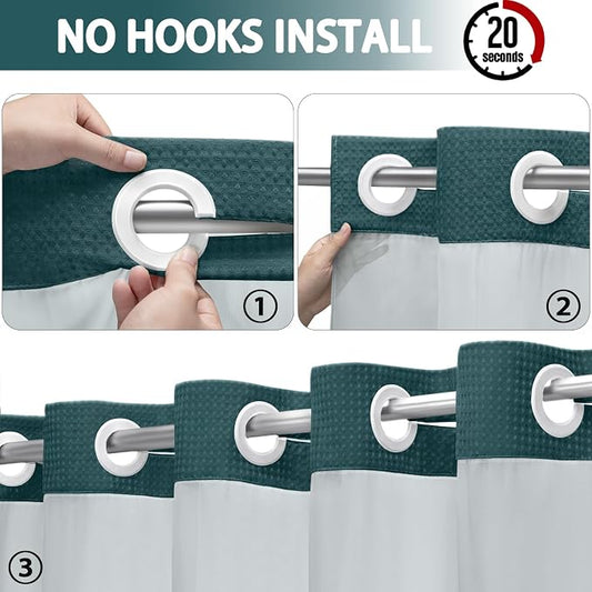 No Hook Shower Curtain with Liner Set Hotel Waffle Seaweed Green 72W X 75L | Washable Snap in Fabric Liner, Mesh Top Window, Waffle Hotel Style Shower Curtain Set