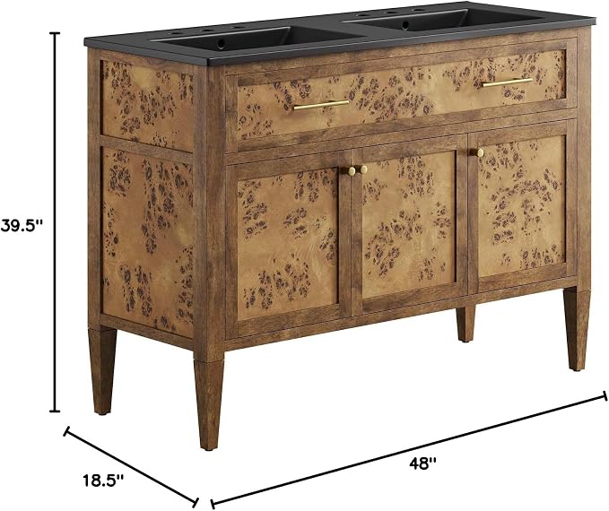 Modway Elysian 48" Burl Wood Double Bathroom Vanity in Black Brown with Ceramic Sink Basin