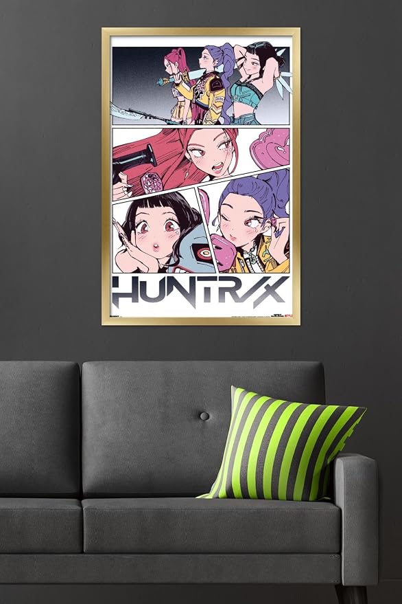 Trends International Netflix KPop Demon Hunters (2025) - Huntrix Manga Panels Wall Poster, 34L x 22.4W, Gold Framed Version