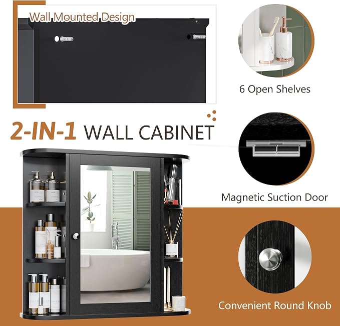 Bathroom Mirror Cabinet Wall Mounted, Bathroom Medicine Cabinet with Mirror and 6 Open Shelves, Modern Wall Cabinet, Black