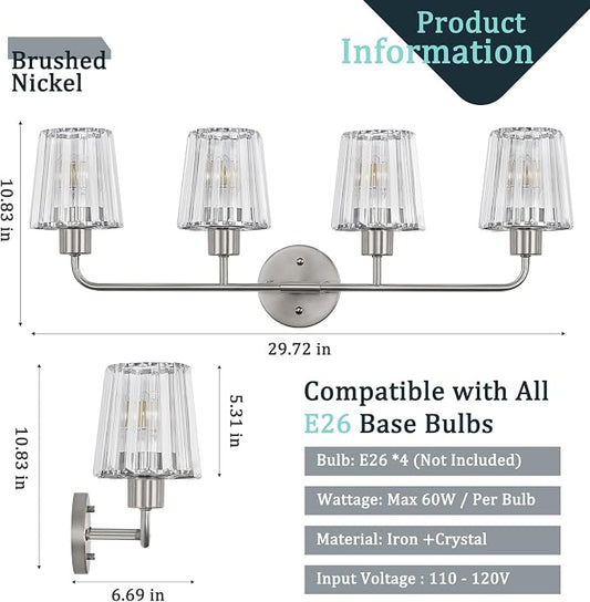 Brushed Nickel Vanity Lights 4-Light Crystal Bathroom Light Fixtures | Modern Bathroom Vanity Light E26 Wall Light over Mirror (Exclude Bulb)