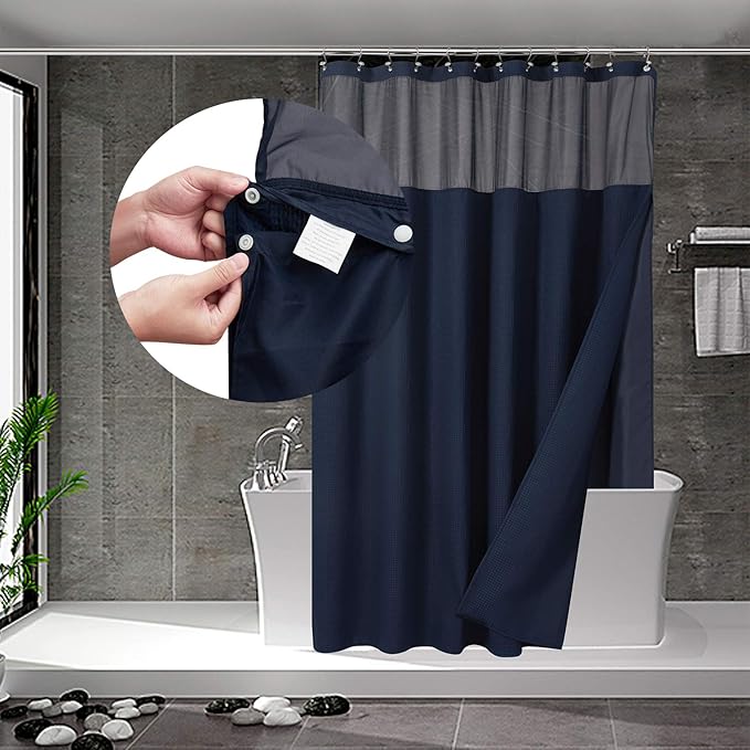 N&Y HOME Waffle Weave Shower Curtain with Snap-in Liner Set Navy, 71x72 | 12 Metal Hooks Included, Snap on Fabric Liner, Mesh Window, Washable, Hotel Style Navy Blue Shower Curtain Set for Bathroom