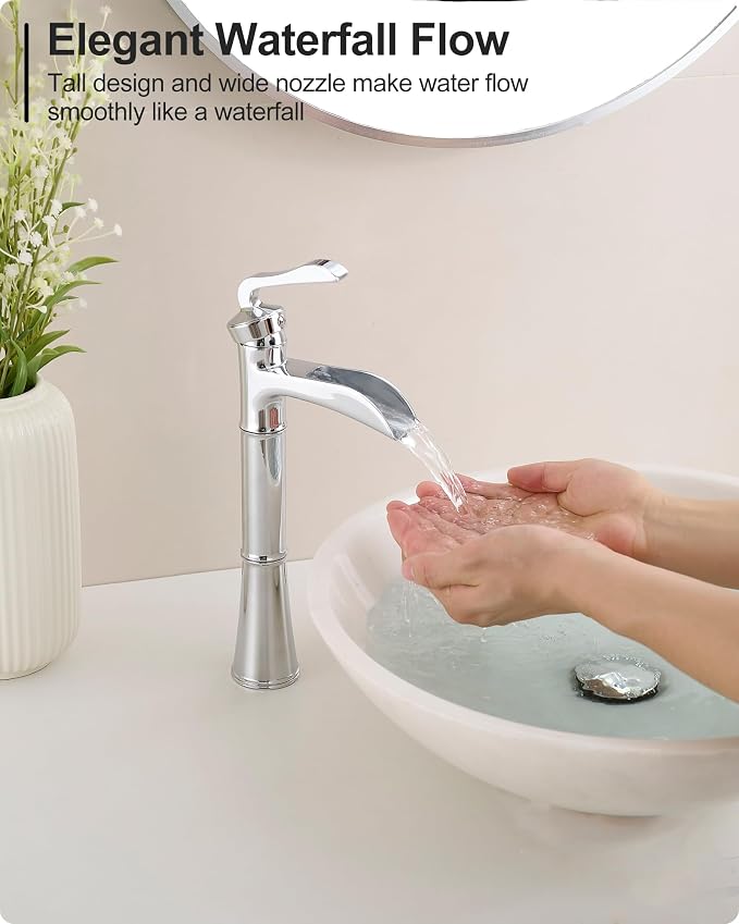 Brass Vessel Faucet, Waterfall Chrome Bathroom Faucet, Single Hole Tall Bathroom Faucets for Vessel Sinks, Single Handle Bathroom Sink Faucets with Pop-Up Drain & Supply Water Hoses, No Leaks