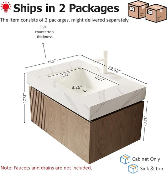 Ambrovina 30" Floating Bathroom Vanity with Sink, Plywood Storage Bathroom Vanities with Drawer and Door, Carrara White Sintered Stone Top and Ceramic Basin, Pre-Assembled Cabinet, Light Brown