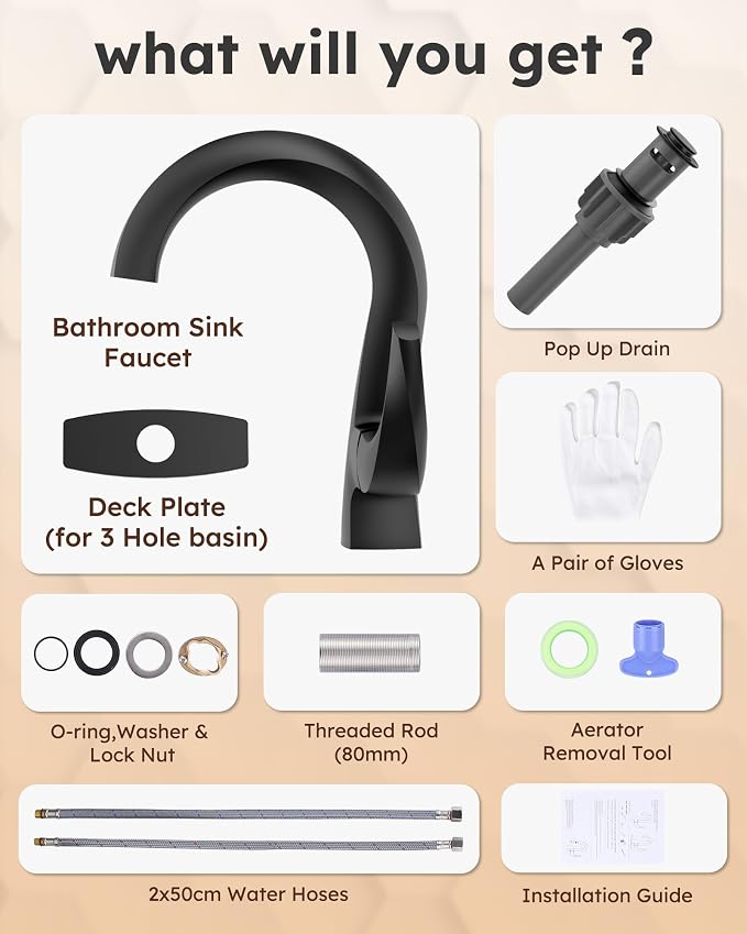 WOWOW Single Handle Bathroom Faucet, Matte Black, 1 Hole, High Arc, Pop Up Drain, Solid Brass, Easy Installation, 5 Year Warranty