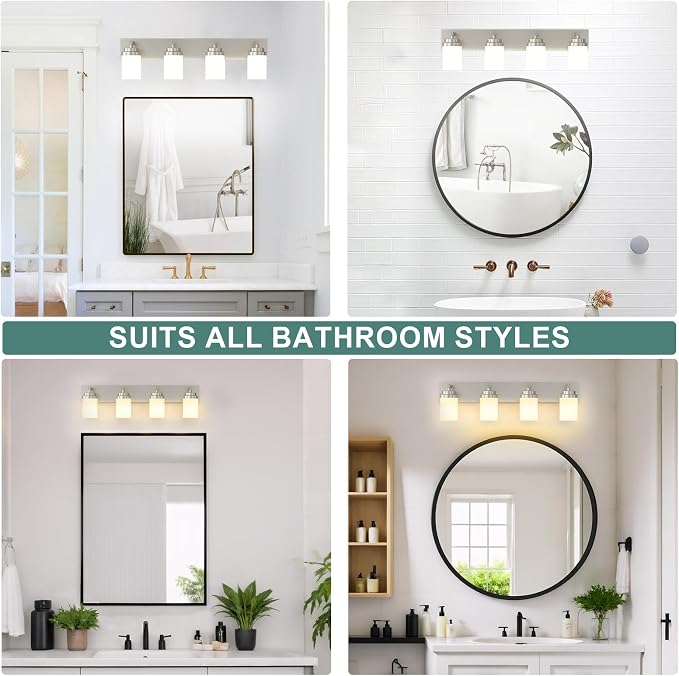 IZORRO Bathroom Vanity Light Fixture, 4-Light 30 Inch Brushed Nickel Bathroom Light Fixtures Over Mirror, with White Glass Shade, Modern Farmhouse Vanity Lights, Rustic Restroom Lighting Fixtures