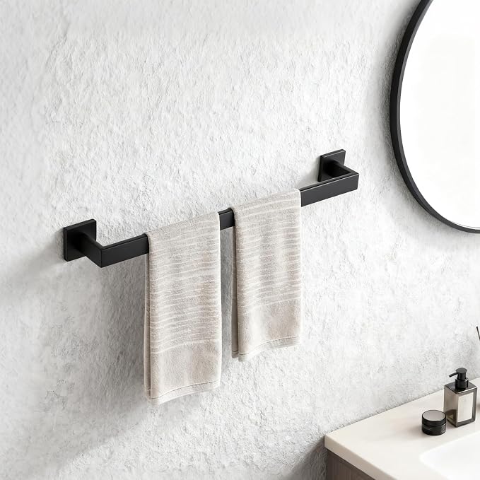 23.6 Inch Matte Black Bathroom Towel Bar Set, 2-Piece Square Wall Mounted Towel Rack, Wall Mounted 304 Stainless Steel Towel Holder for Bathroom