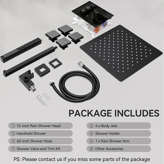 Shower System with 4 Body Jets Matte Black, STARBATH 12" Square Wall Mounted Rain Shower with Handheld Sprayer, Can Use All at Once, Push Button Complete Shower Faucets Sets with Valve and Trim Kit