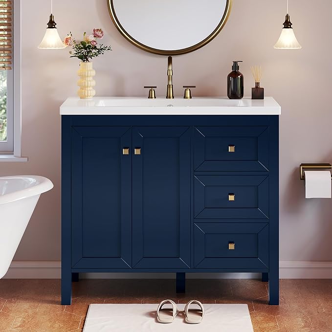 DWVO 36 Inch Bathroom Vanity with Sink Combo, Modern Bathroom Storage Cabinet with Resin Basin, Three Holes, 2 Doors & 3 Drawers, Navy Blue