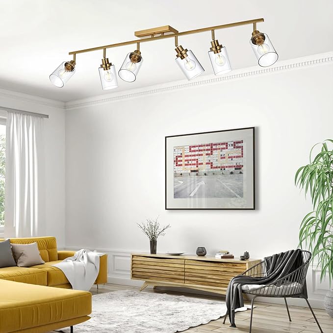 MELUCEE 6 Light Bathroom Vanity Light Fixtures Multi-Directional Rotating Track Lighting Kit Brass, Ceiling Spotlight Fixture for Kitchen Foyer Bath, Clear Glass Shade