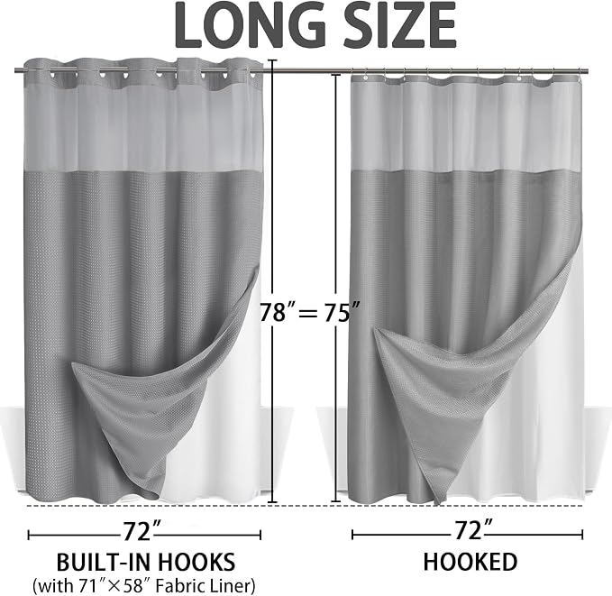 No Hook Shower Curtain and Liner Set,Grey Hotel Waffle Shower Curtain with Liner 78" L x 72" W